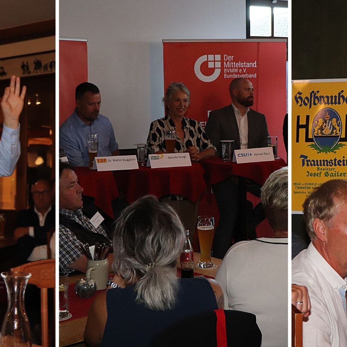 drei Bilder, Kandidaten und Teilnehmer Wahltalk 2023 in Traunstein