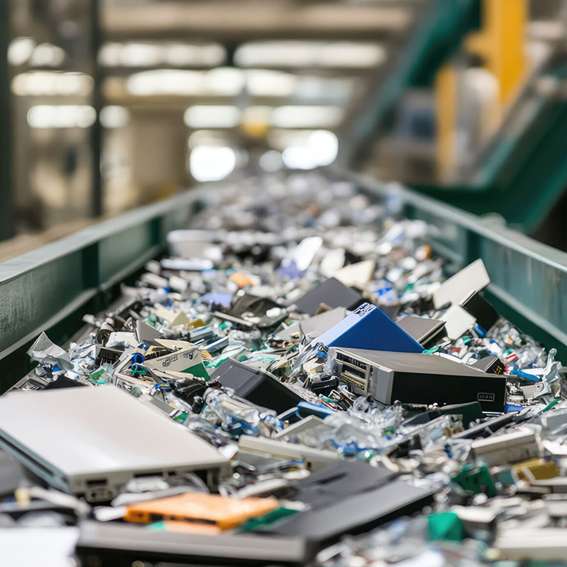 Recycling: Elektroschrott auf einem Förderband in einer Fabrik